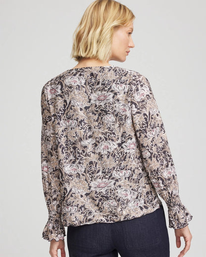 Chico's Women | Bloom Crinkle Bodre Top GRAPHITE GRAY