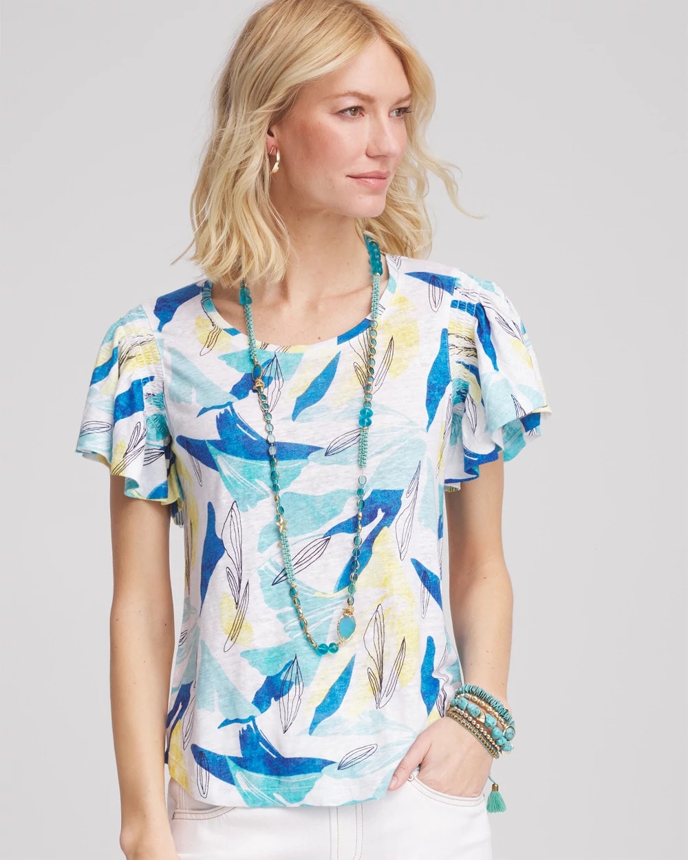Chico's Women | Linen Smocked Flutter-Sleeved Tee ALABASTER