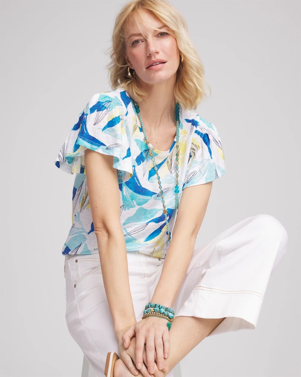 Chico's Women | Linen Smocked Flutter-Sleeved Tee ALABASTER