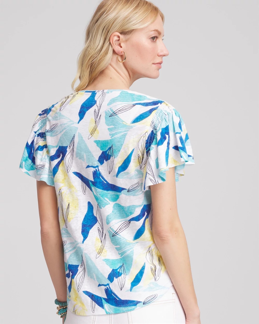 Chico's Women | Linen Smocked Flutter-Sleeved Tee ALABASTER