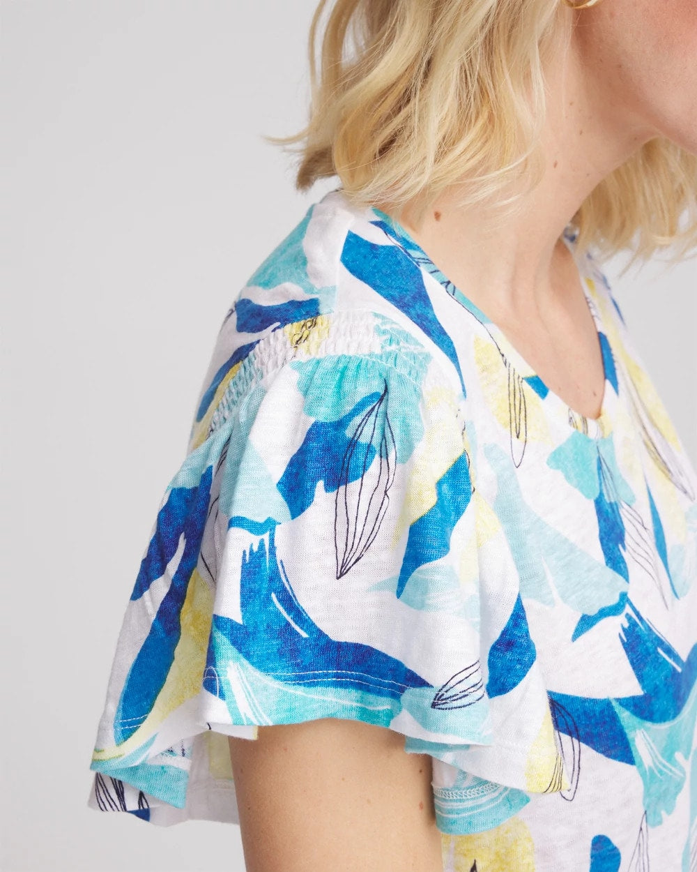 Chico's Women | Linen Smocked Flutter-Sleeved Tee ALABASTER
