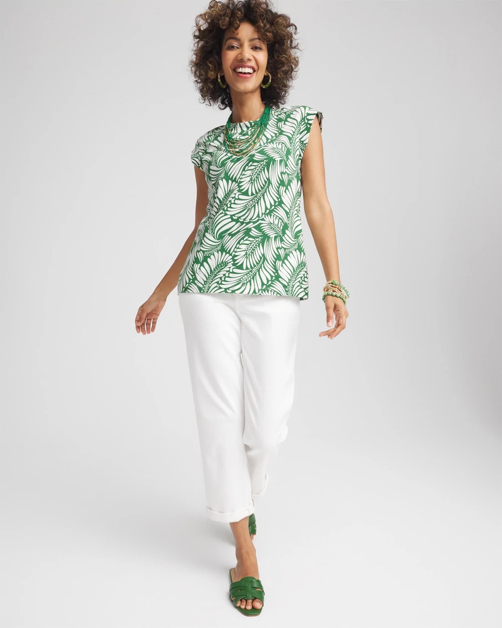 Chico's Women | Palm-Frond-Print Cap-Sleeve Top PALM LEAF