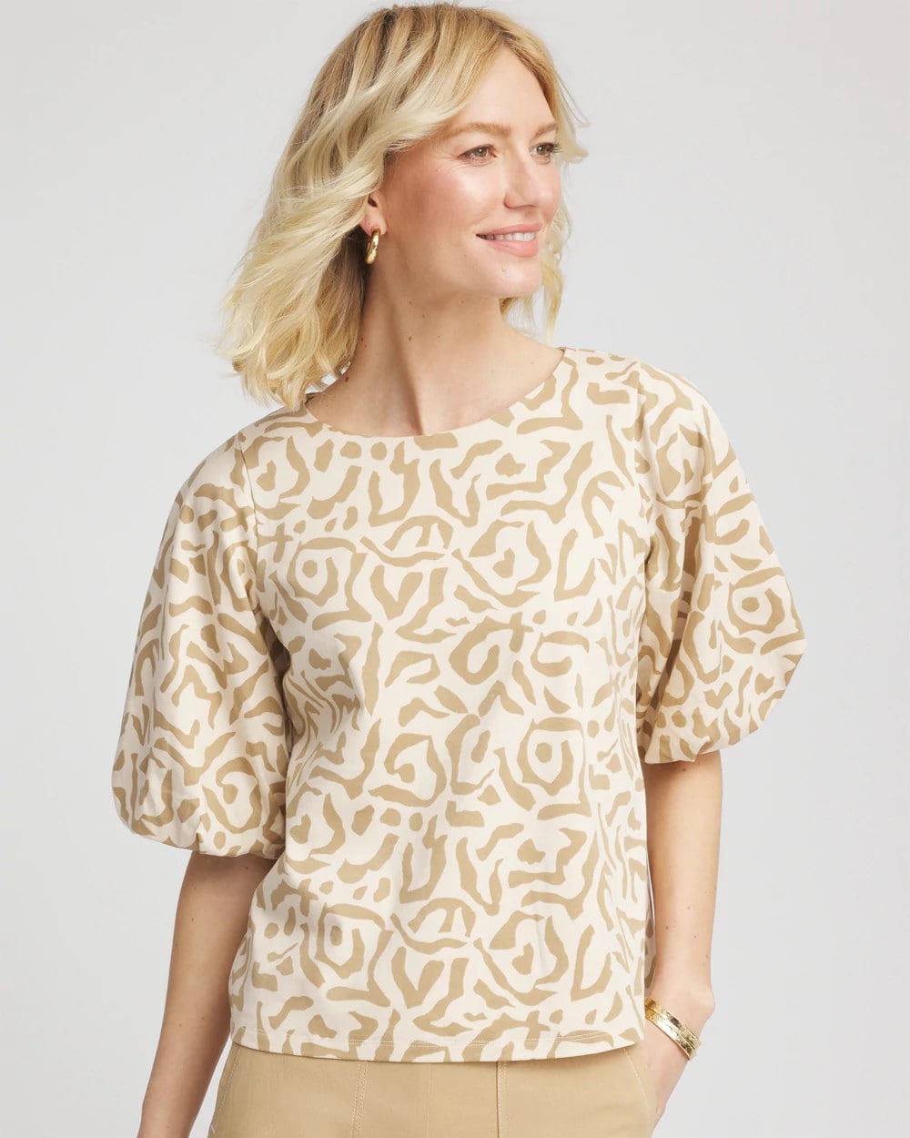 Chico's Women | Animal Print Bubble Sleeve Top GLISTENING SAND