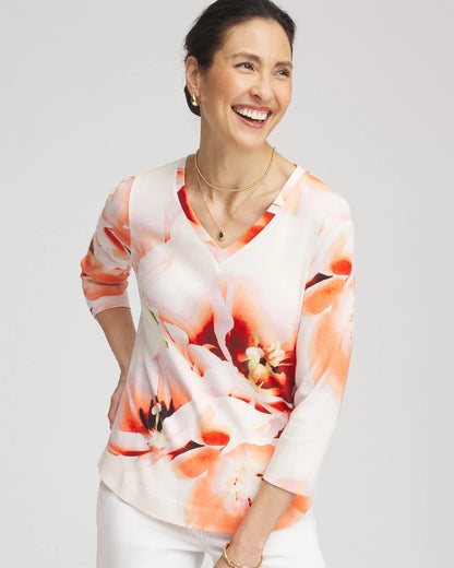Chico's Women | Tropical Floral 3/4 Sleeve Tee ORANGE TANGO