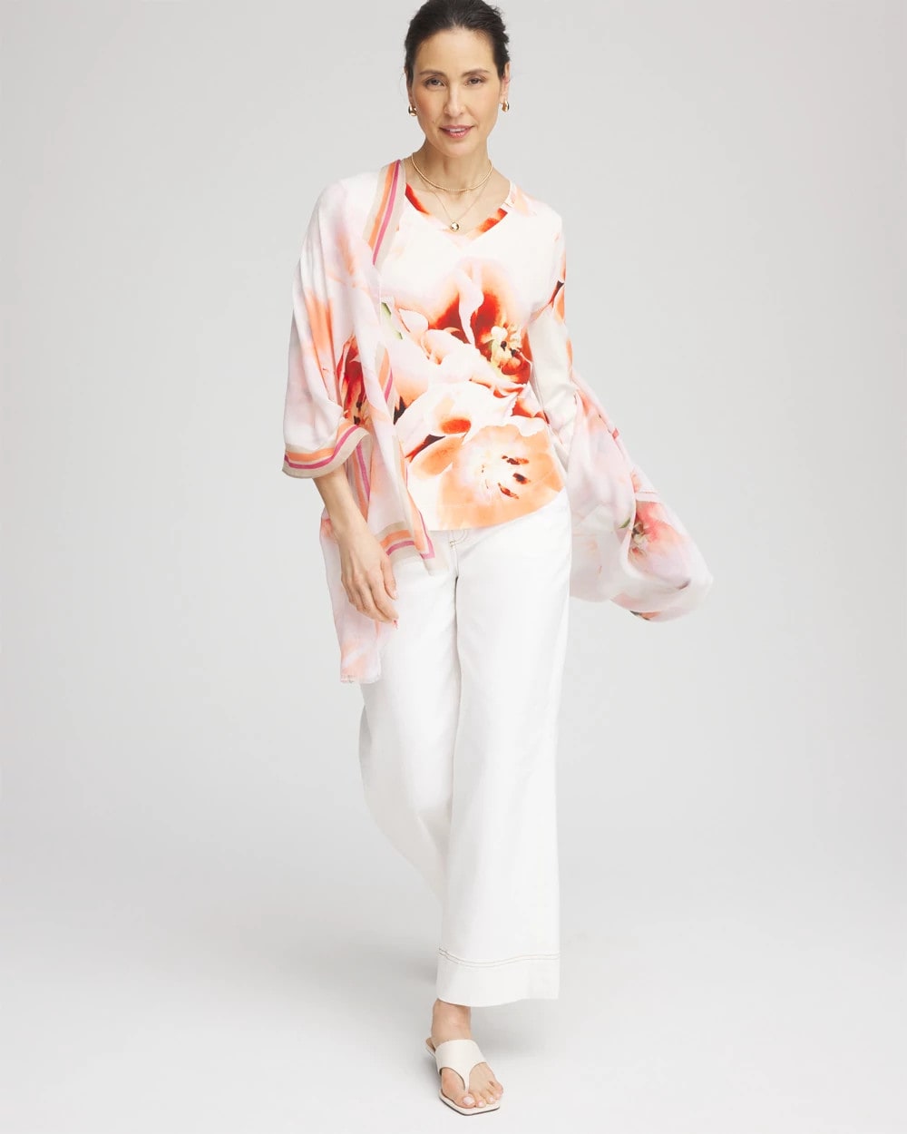 Chico's Women | Tropical Floral 3/4 Sleeve Tee ORANGE TANGO