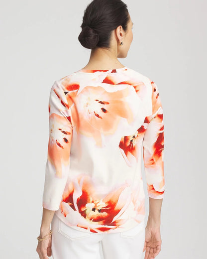 Chico's Women | Tropical Floral 3/4 Sleeve Tee ORANGE TANGO