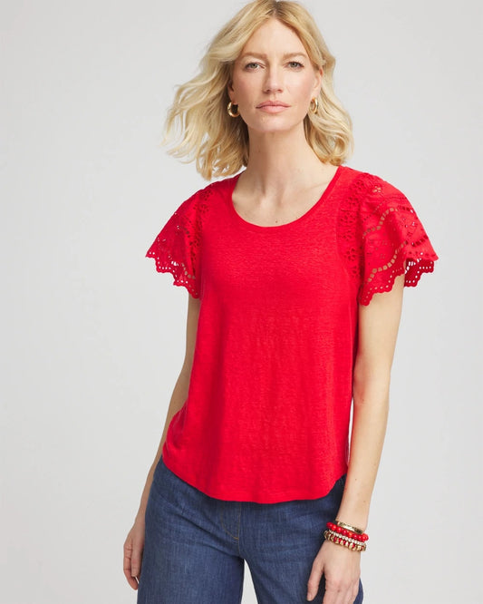 Chico's Women | Linen Embroidered Lace Tee RED GLOW