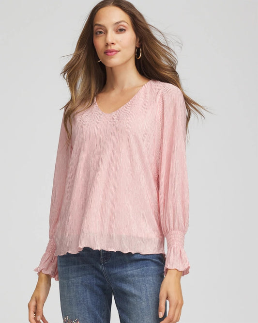 Chico's Women | Crinkle Bodre Voop Neck Top BLUSHED