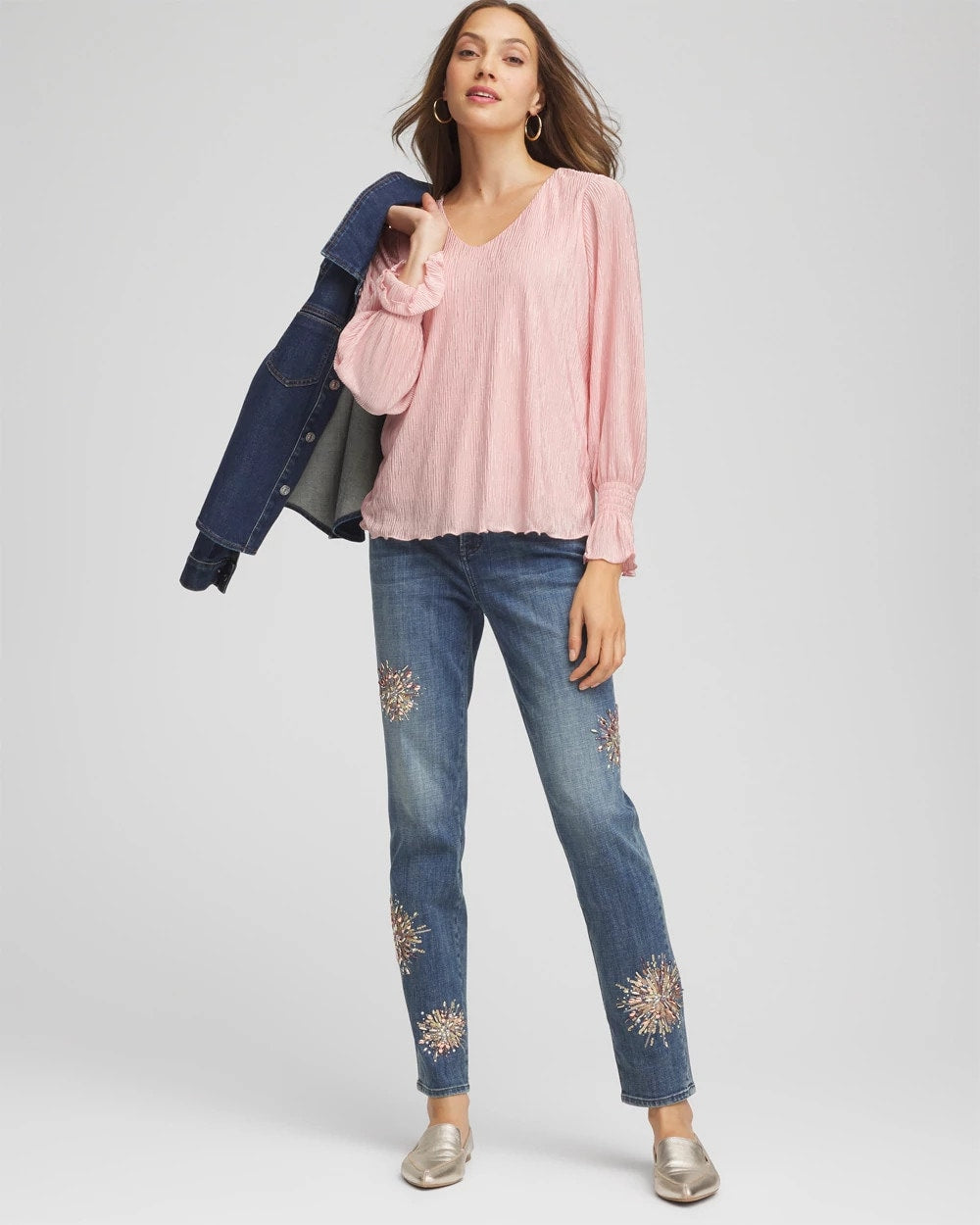 Chico's Women | Crinkle Bodre Voop Neck Top BLUSHED