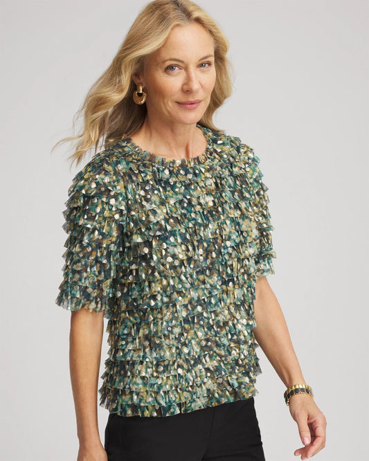 Chico's Women | Foiled Mesh Ruffle Crop Tee DARKEST SPRUCE