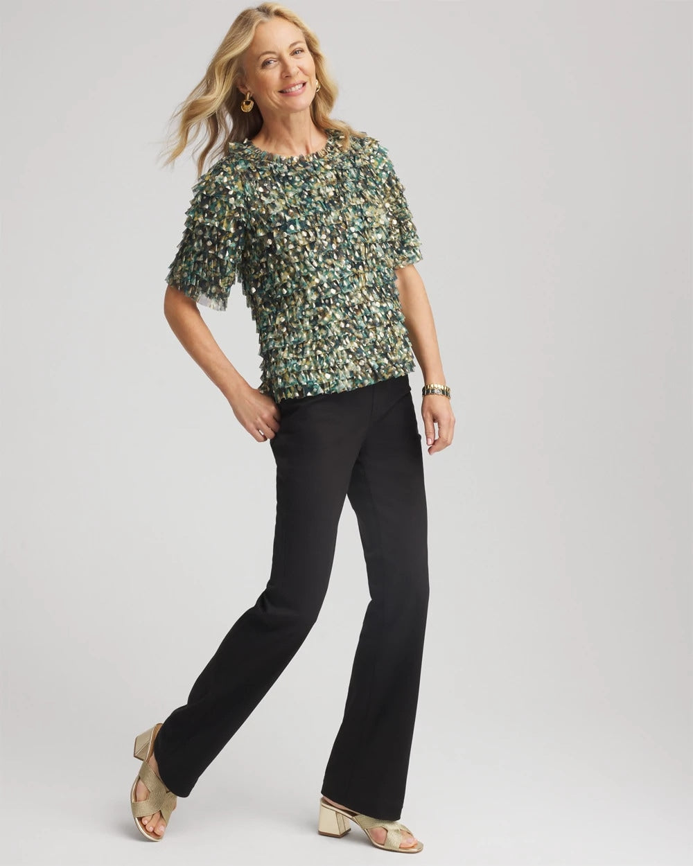 Chico's Women | Foiled Mesh Ruffle Crop Tee DARKEST SPRUCE