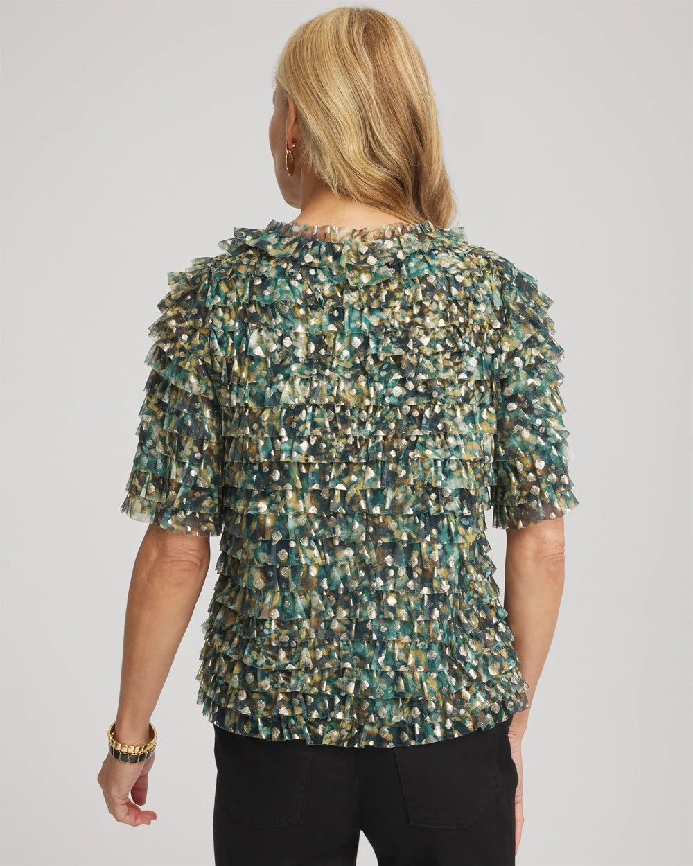 Chico's Women | Foiled Mesh Ruffle Crop Tee DARKEST SPRUCE