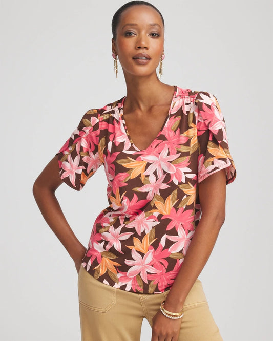 Chico's Women | Floral Petal-Sleeve Voop Neck Tee CACAO