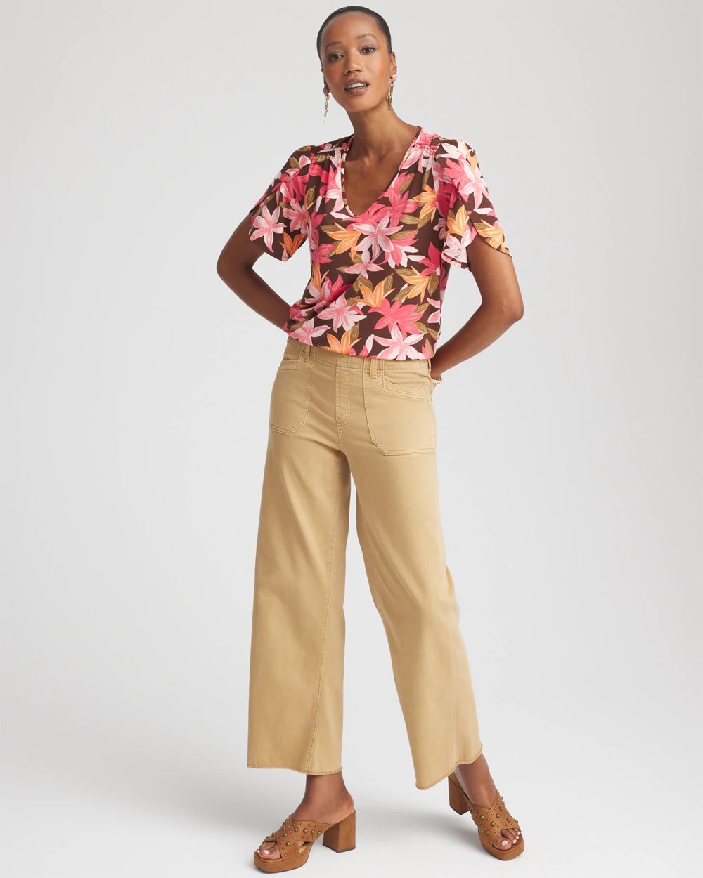Chico's Women | Floral Petal-Sleeve Voop Neck Tee CACAO