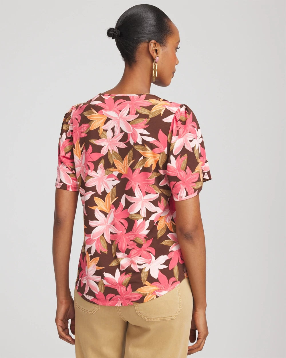 Chico's Women | Floral Petal-Sleeve Voop Neck Tee CACAO