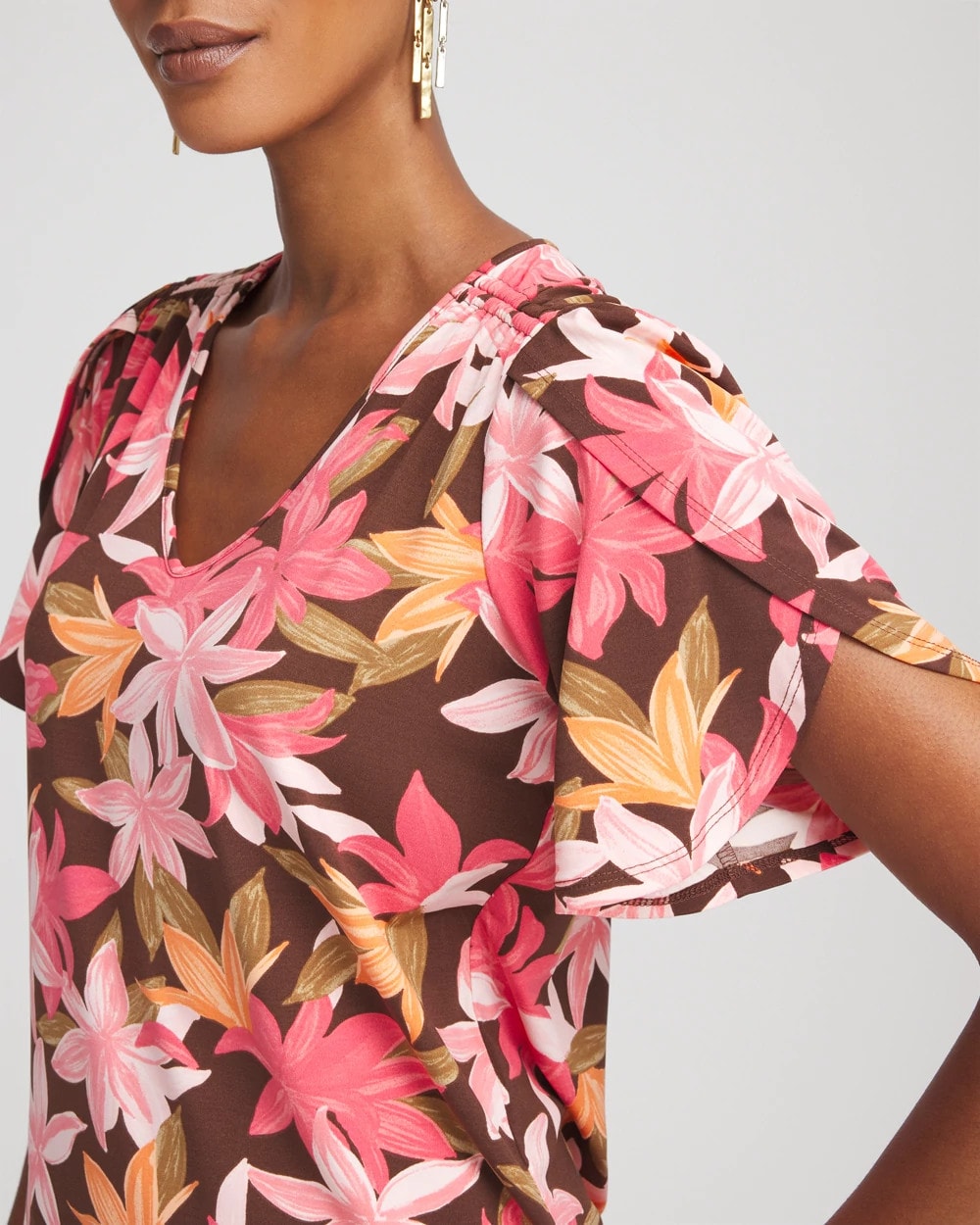 Chico's Women | Floral Petal-Sleeve Voop Neck Tee CACAO