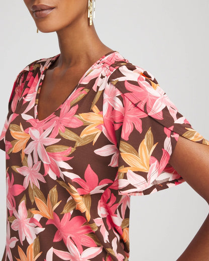 Chico's Women | Floral Petal-Sleeve Voop Neck Tee CACAO