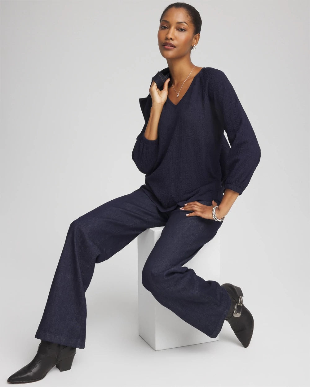 Chico's Women | Textured Raglan V-Neck Top PASSPORT BLUE