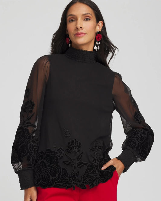 Chico's Women | Sheer Mesh Velvet Appliqué Top BLACK