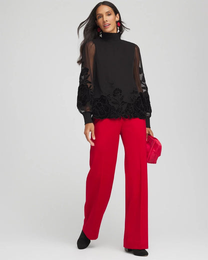 Chico's Women | Sheer Mesh Velvet Appliqué Top BLACK