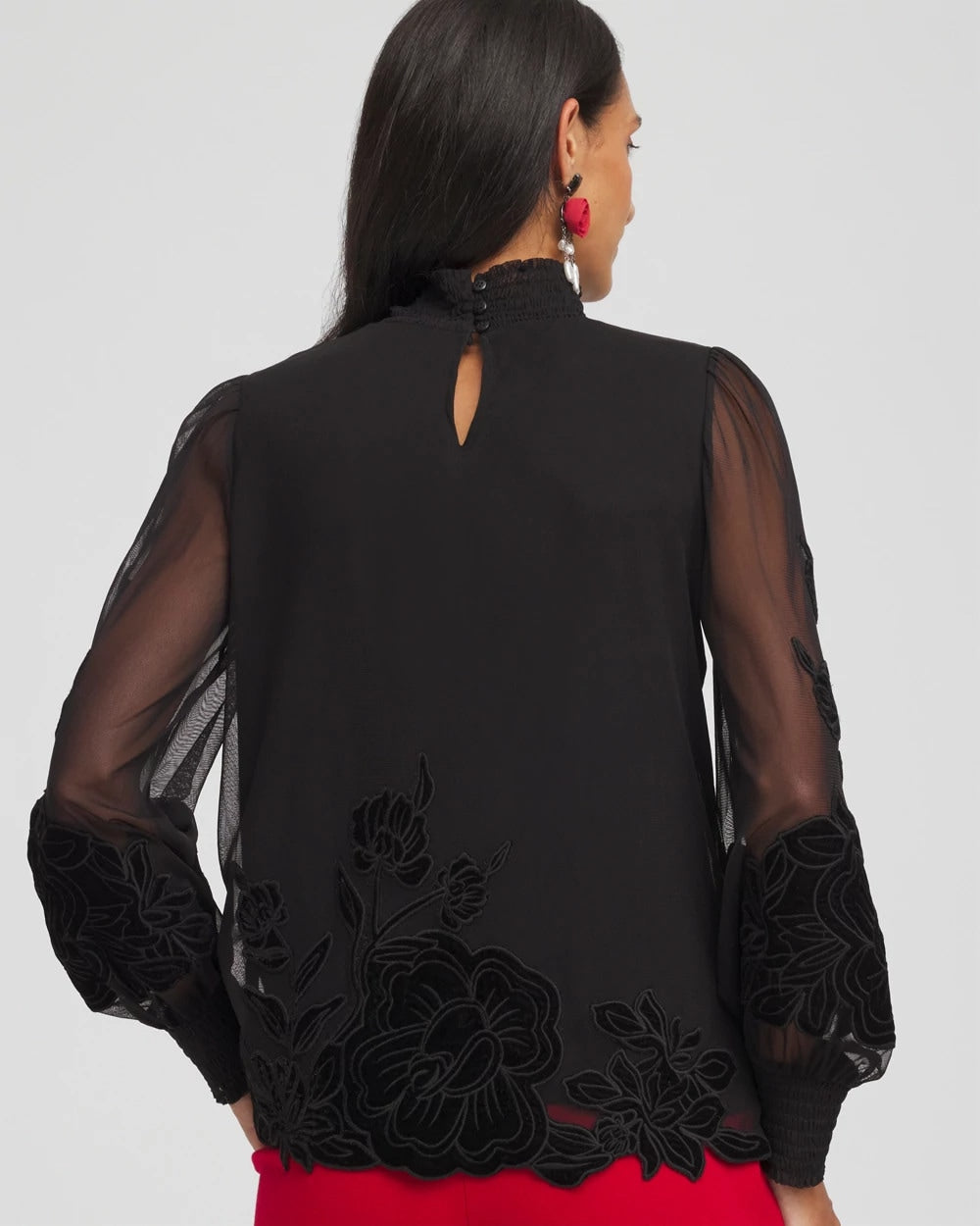 Chico's Women | Sheer Mesh Velvet Appliqué Top BLACK
