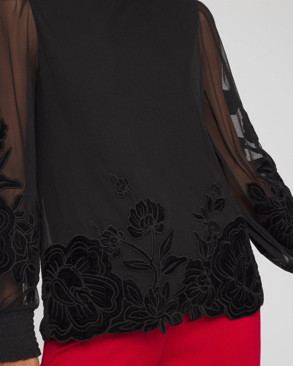 Chico's Women | Sheer Mesh Velvet Appliqué Top BLACK