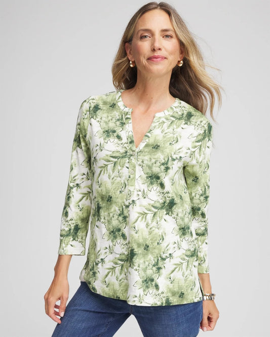 Chico's Women | Printed Slub Splitneck Henley Tee SAGE MEADOW