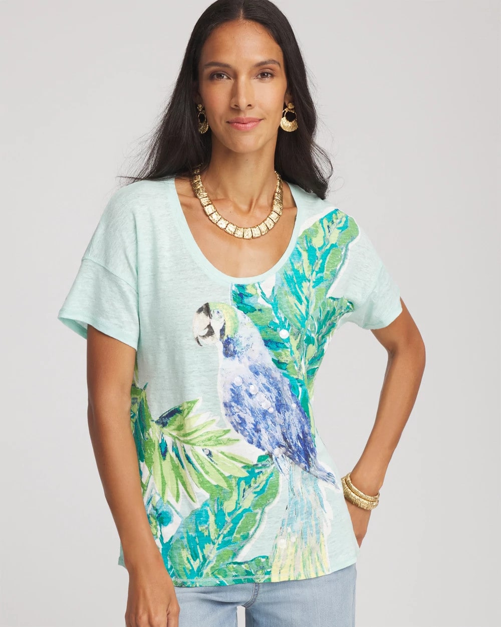 Chico's Women | Linen Embellished Parrot Easy Tee TEAL WATERS