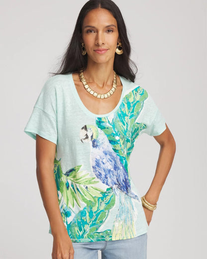 Chico's Women | Linen Embellished Parrot Easy Tee TEAL WATERS