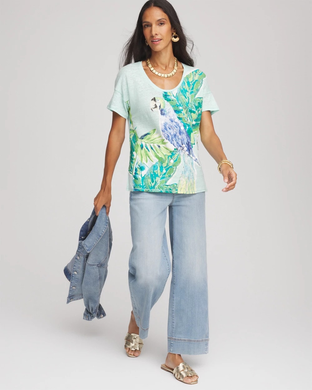 Chico's Women | Linen Embellished Parrot Easy Tee TEAL WATERS