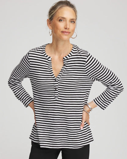 Chico's Women | Striped Slub Splitneck Henley Tee BLACK
