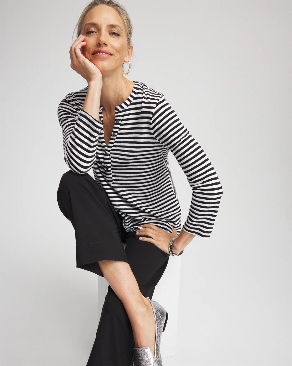 Chico's Women | Striped Slub Splitneck Henley Tee BLACK
