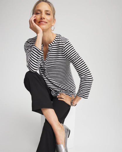 Chico's Women | Striped Slub Splitneck Henley Tee BLACK