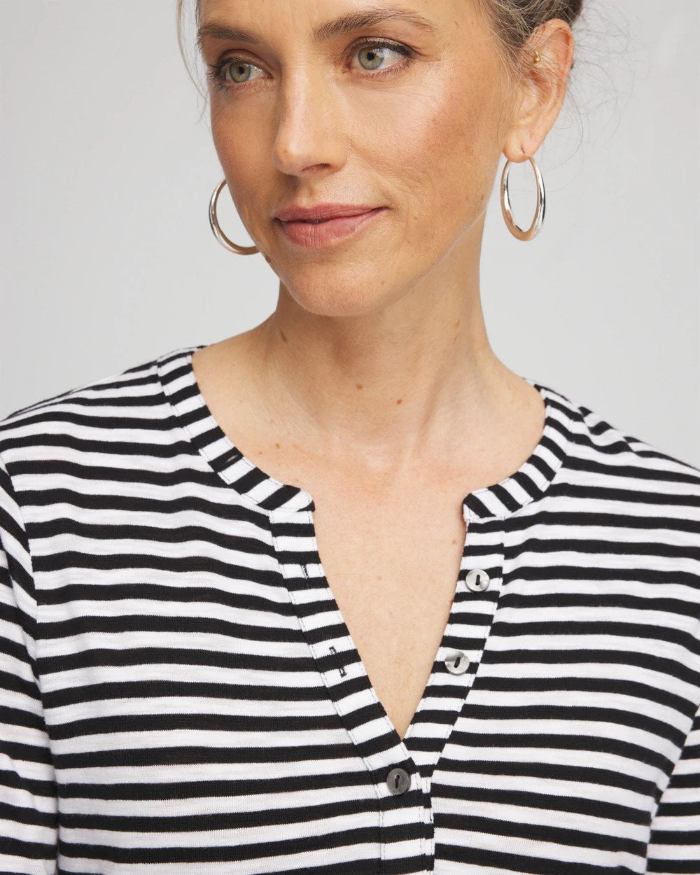 Chico's Women | Striped Slub Splitneck Henley Tee BLACK