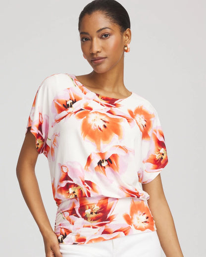 Chico's Women | Touch of Cool™ Tropical Ruched Banded Hem Top ORANGE TANGO