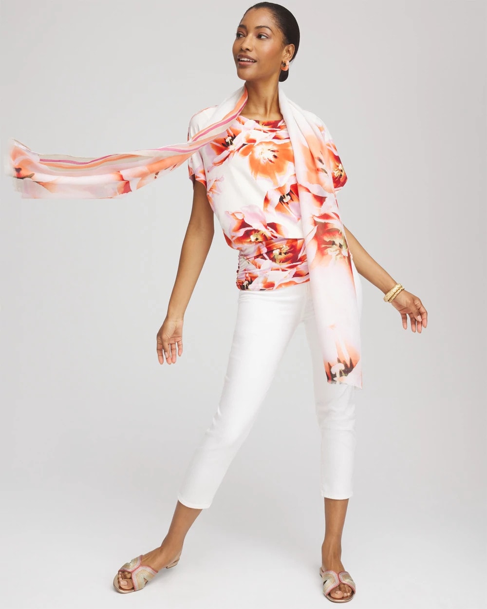Chico's Women | Touch of Cool™ Tropical Ruched Banded Hem Top ORANGE TANGO