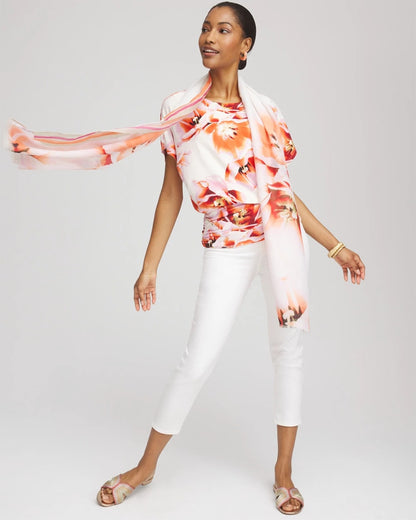 Chico's Women | Touch of Cool™ Tropical Ruched Banded Hem Top ORANGE TANGO