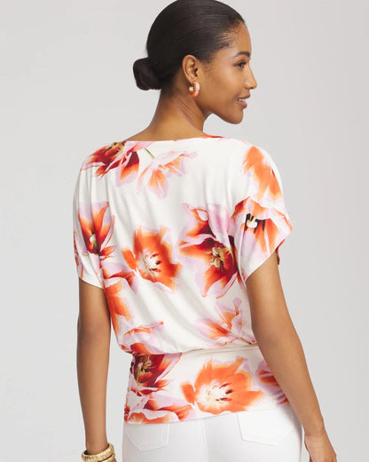 Chico's Women | Touch of Cool™ Tropical Ruched Banded Hem Top ORANGE TANGO