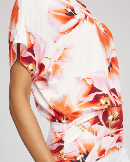 Chico's Women | Touch of Cool™ Tropical Ruched Banded Hem Top ORANGE TANGO