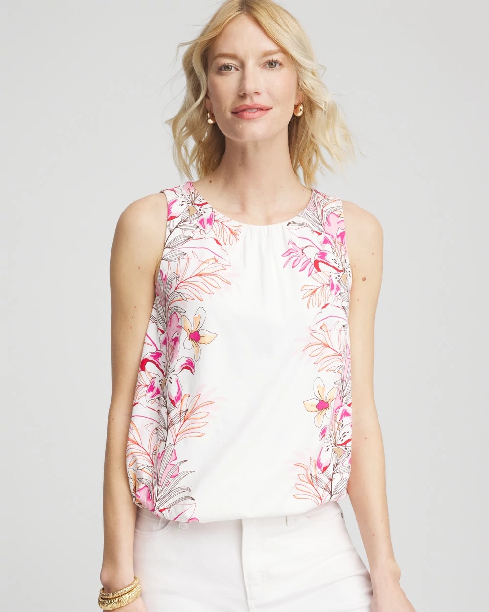 Chico's Women | Tropical Floral Bubble Hem Tee ALABASTER