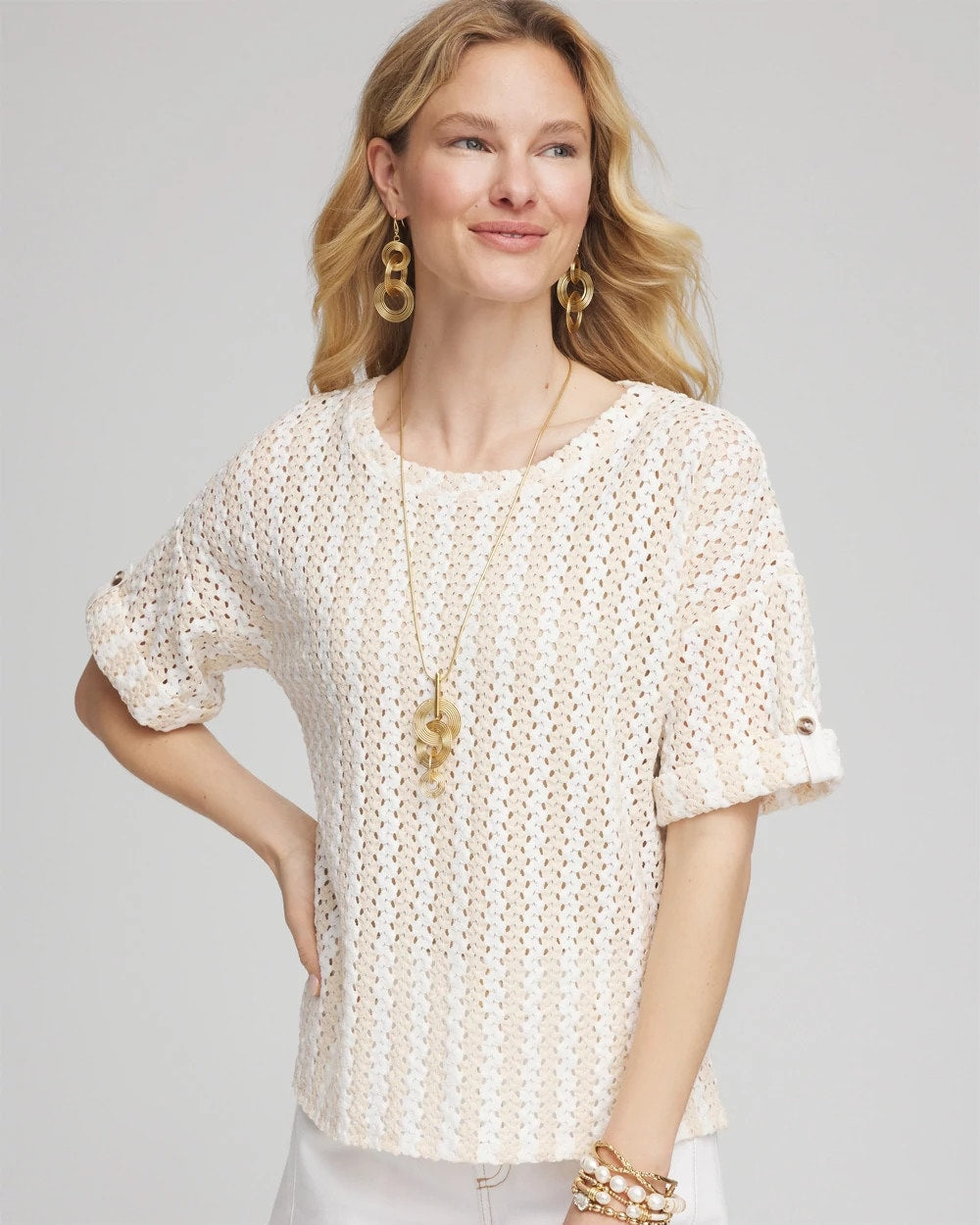 Chico's Women | Textured Roll Cuff Tee GLISTENING SAND