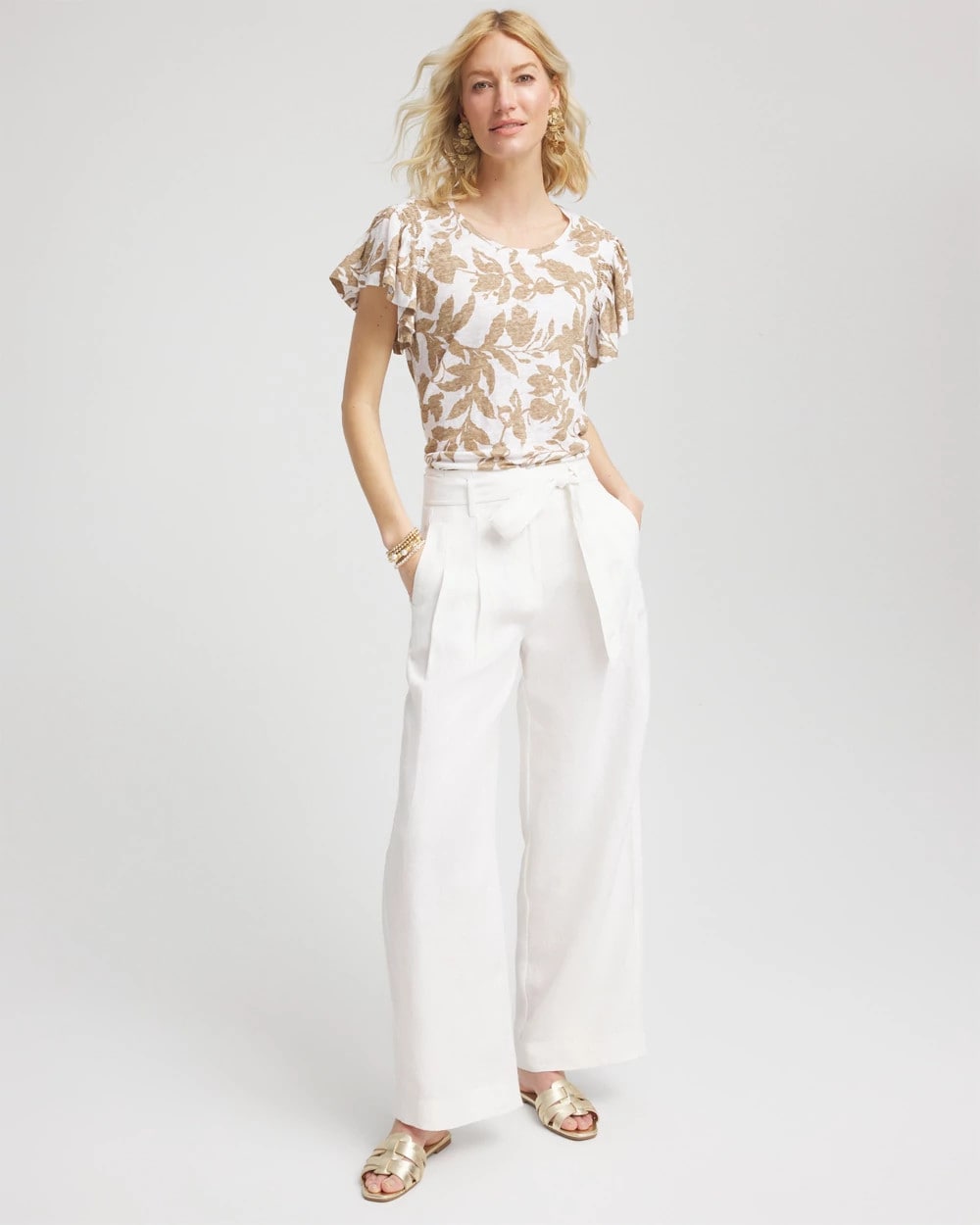 Chico's Women | Linen Leaf Print Flutter Sleeve Tee CAFE AROMA