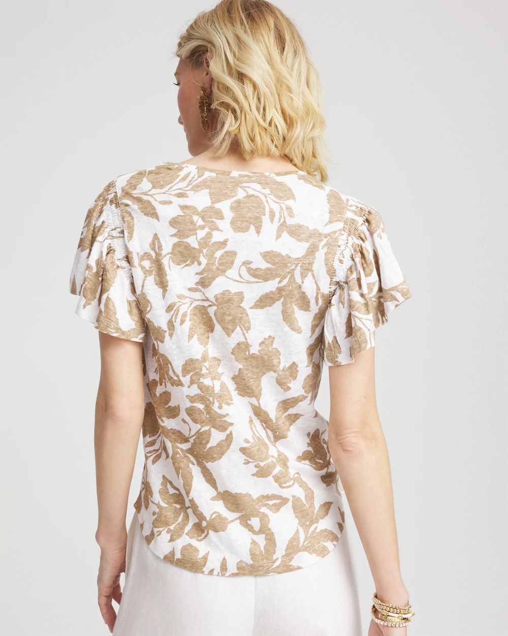 Chico's Women | Linen Leaf Print Flutter Sleeve Tee CAFE AROMA