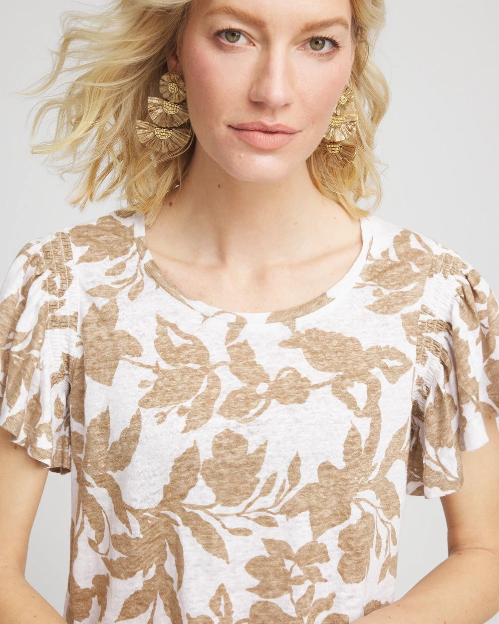 Chico's Women | Linen Leaf Print Flutter Sleeve Tee CAFE AROMA