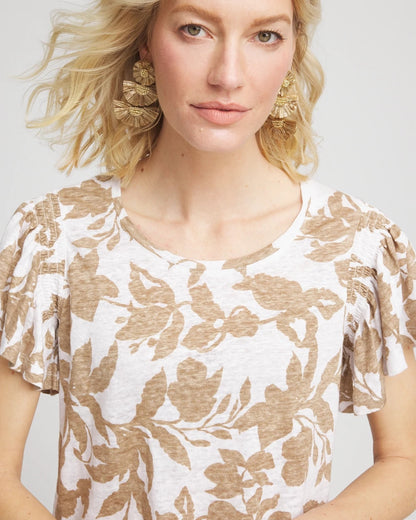 Chico's Women | Linen Leaf Print Flutter Sleeve Tee CAFE AROMA