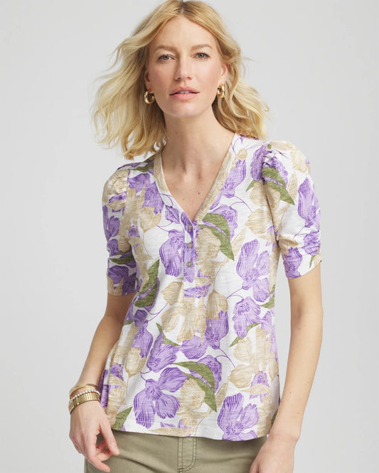 Chico's Women | Floral Slub Henley Tee ALABASTER
