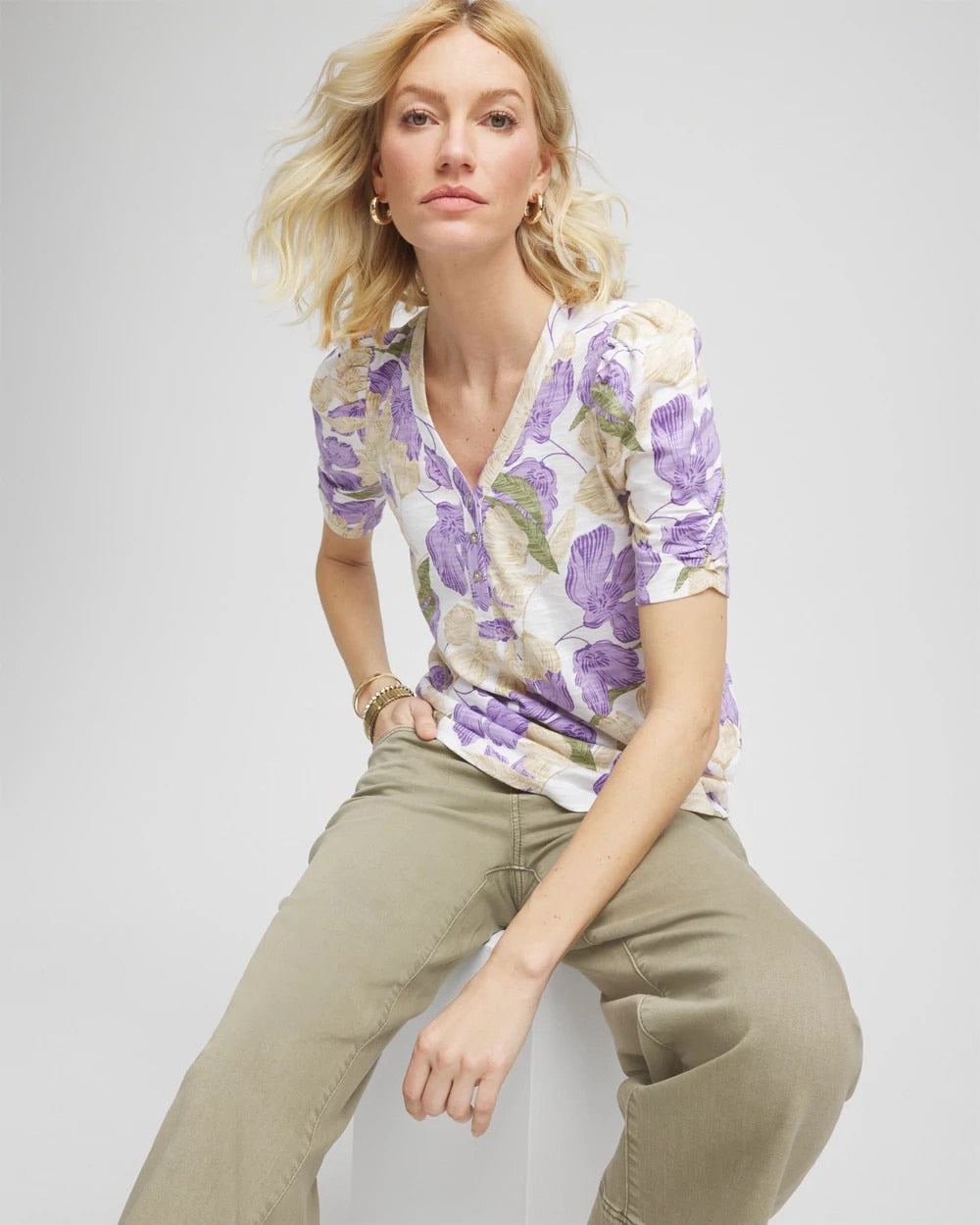 Chico's Women | Floral Slub Henley Tee ALABASTER