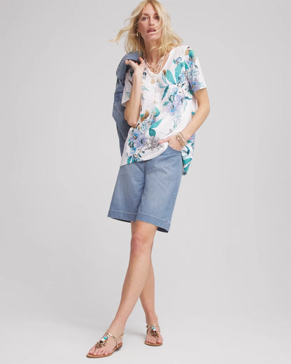 Chico's Women | Floral Short Sleeve Forward-Seam Tee ALABASTER