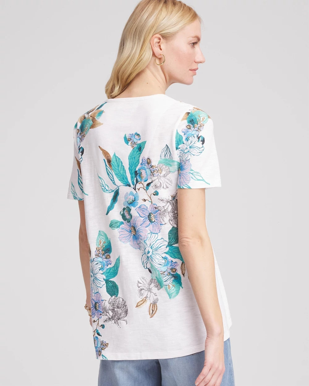 Chico's Women | Floral Short Sleeve Forward-Seam Tee ALABASTER
