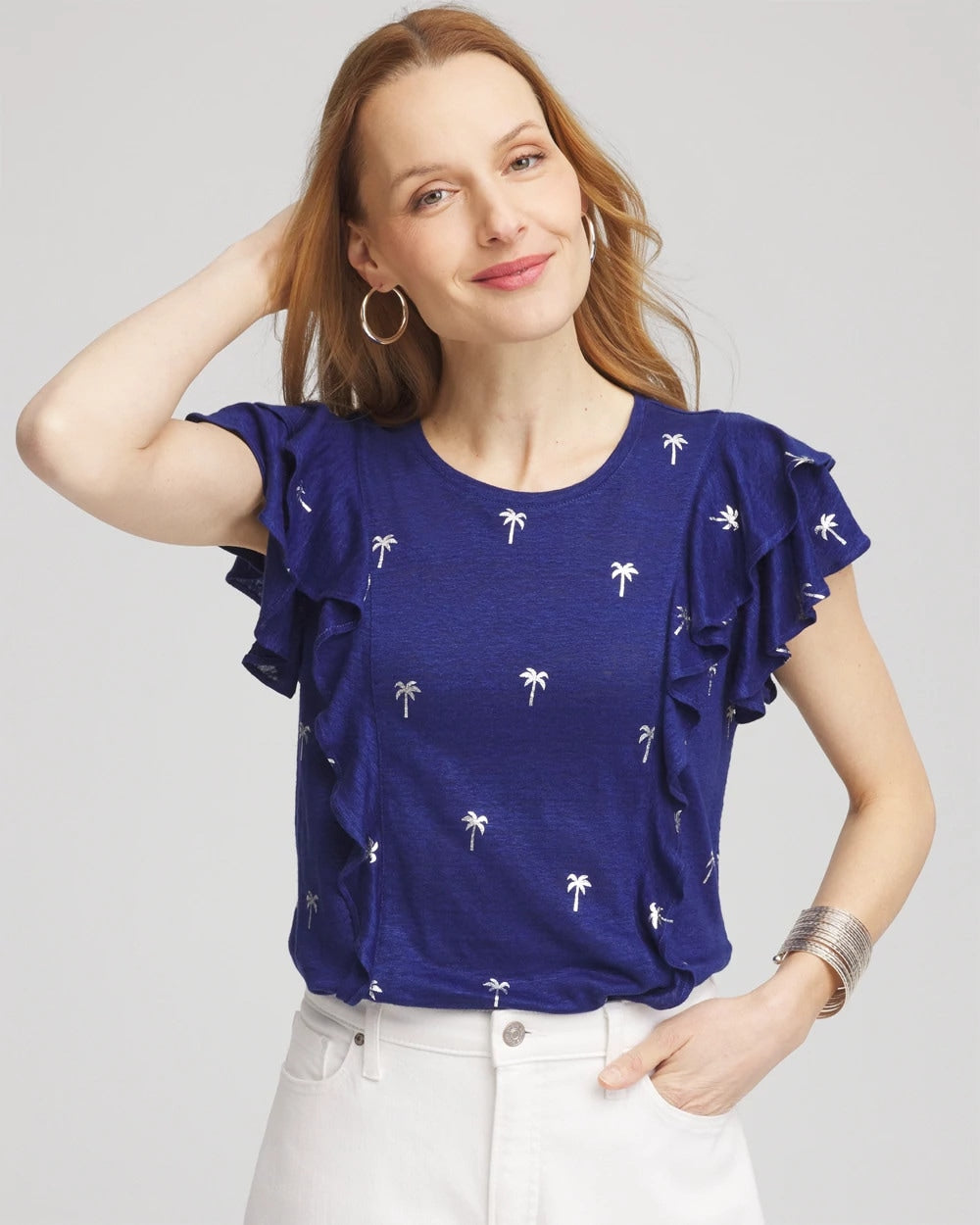 Chico's Women | Foiled Flutter-Sleeve Linen Tee BLUE CASA